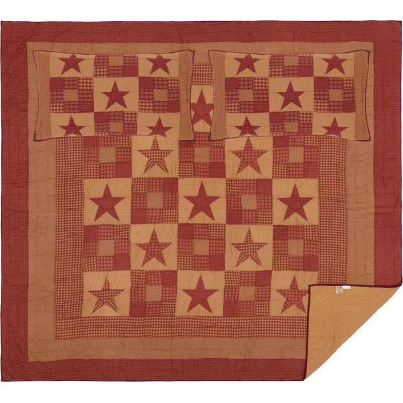 Ninepatch Star Cotton Patchwork Quilt, King Quilt + 2 Shams