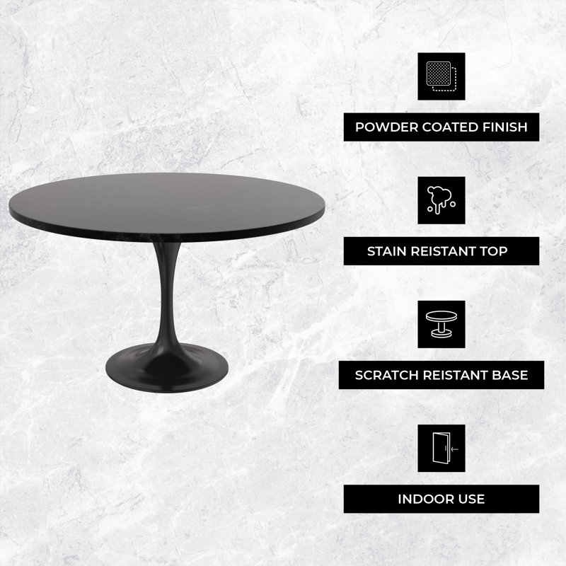 Heatherton 48" Round Dining Table with MDF Top Kitchen Table and Black Stainless Steel Pedestal Base Seats 2-6 Person, Black
