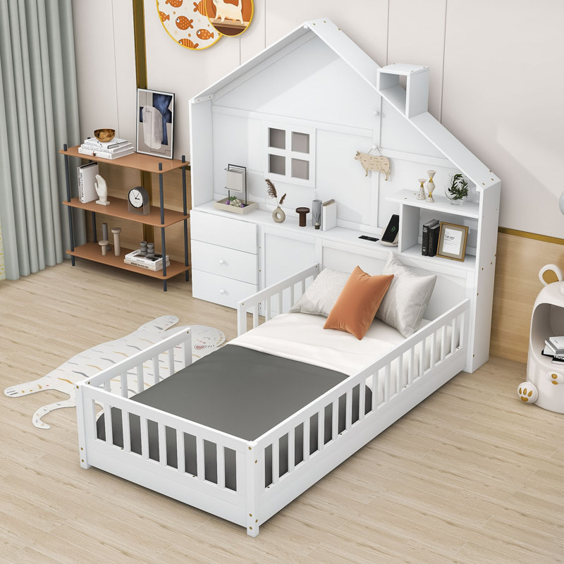 Lit plateforme simple en bois avec 2 tiroirs Maynerd, Blanc