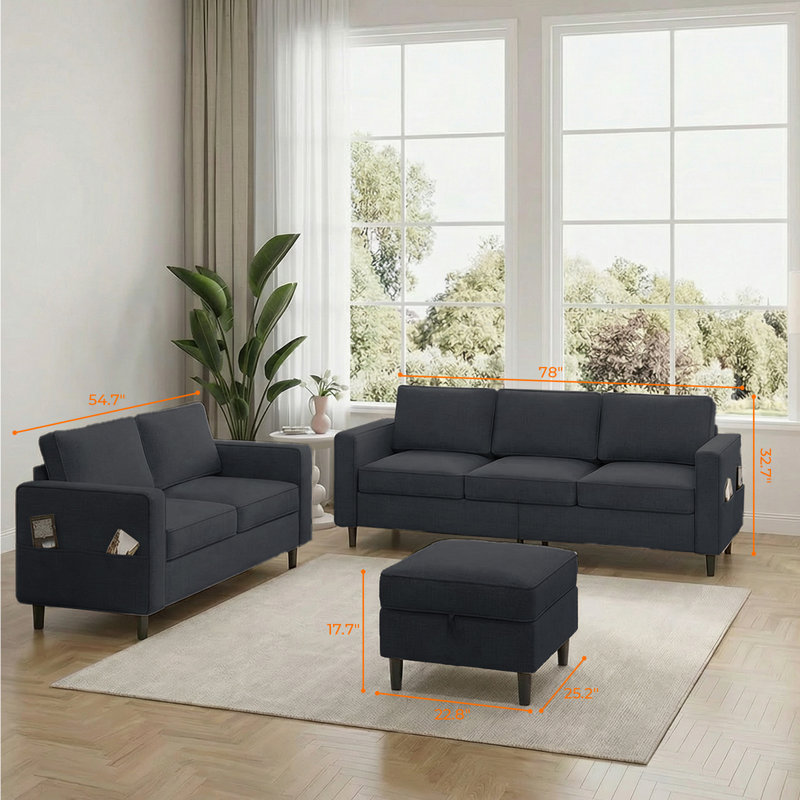 3 - Piece Living Room Set, Dark Grey Cotton Blend