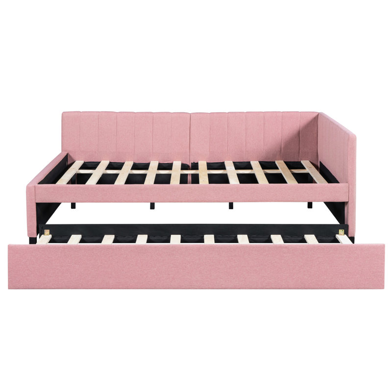 Lit de jour rembourré en lin rose avec lit gigogne, sans sommier pour un cadre de lit merveilleux, Pink