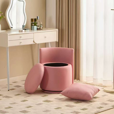 Fauteuil de coiffeuse pivotant à 360 ° avec rangement, repose-pieds rond en cuir PU avec coussins, tabouret de maquillage confortable sans assemblage pour la chambre à coucher, la commode et le salon (rose)