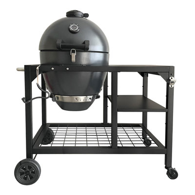 Flintex 22 inch Kamado Charcoal Grill, Steel Egg BBQ Smoker Grill with Cast Iron Grate, Multi-Function Cart, Thermometer, Prep Table, Bottle Opener,Perfect for Outdoor Grilling, Smoking & Baking