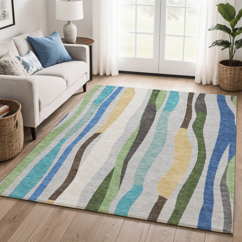 Premium Machine Washable Mayfield AMF2188 Striped Rug, Green, 2'6" x 3'10"
