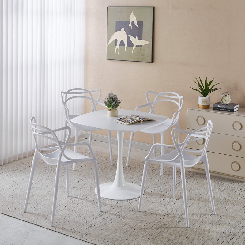 Ensemble de salle à manger 1 + 4,5 pièces, table de salle à manger à pieds en métal Mid-Century pour 4-6 personnes avec plateau en panneau de fibres à densité moyenne, table de salle à manger à piédestal, table basse de loisir, ensemble blanc