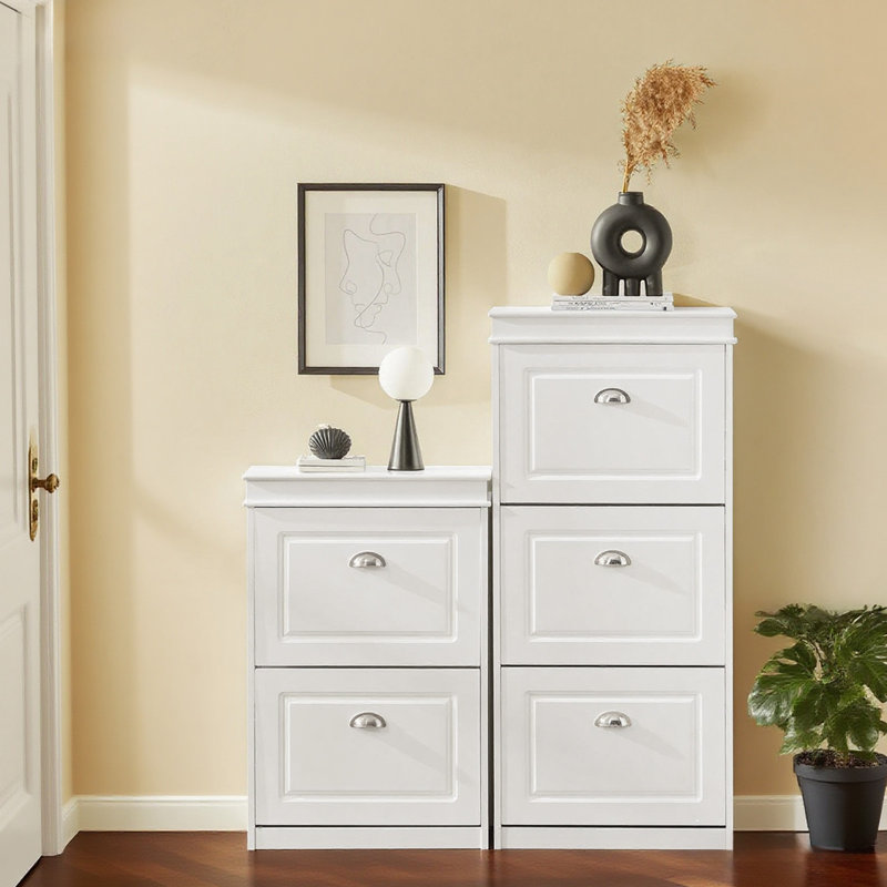 Moriah 12 Pair Shoe Storage Cabinet, White/Silver