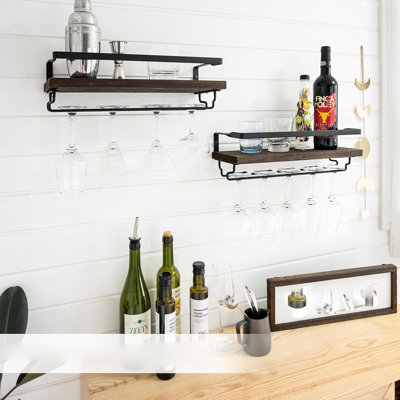Wooden Rural Wine Bottle Glass Floating Rack With High Footed Cup