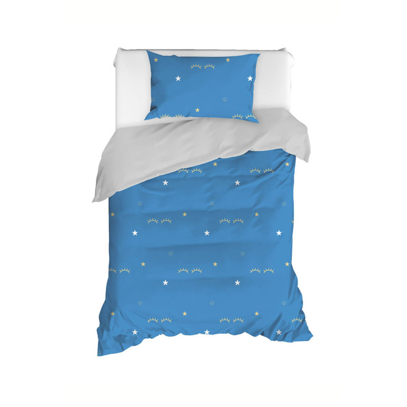 Ensemble de housse de couette XXL Luxury Ranforce, 100% coton, housse de couette 61 x 87 et taie d'oreiller 31,5 x 31,5 | Pigment imprimé, lavable à la machine à 30 ° C, fermeture à boutons | Design élégant bleu, gris et jaune pour des chambres confortables