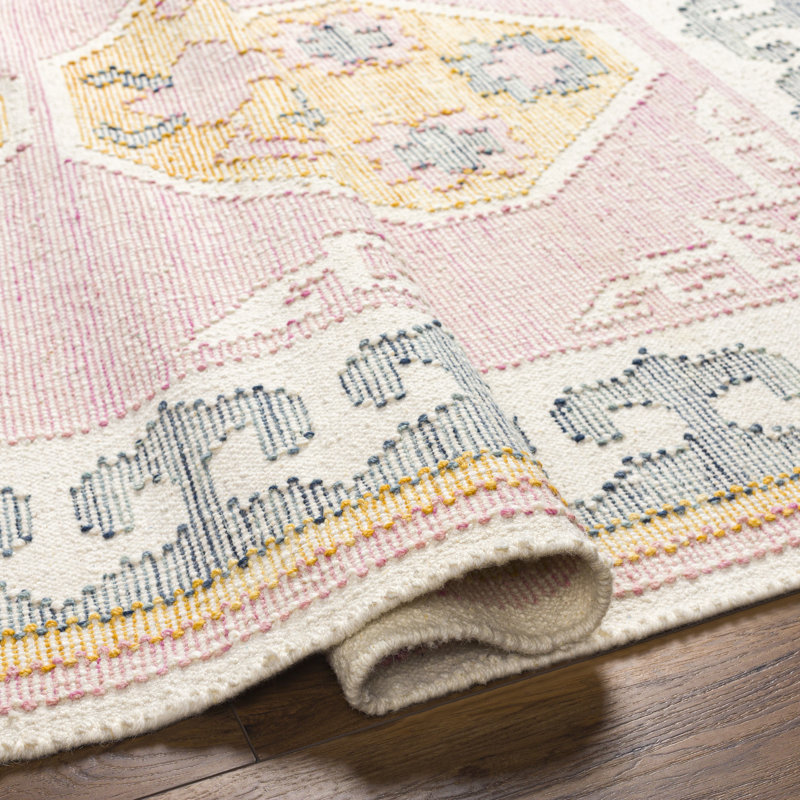Ferrand Oriental Hand Woven Wool Area Rug in Pink/Yellow/Slate, Rectangle 5' x 7'6"