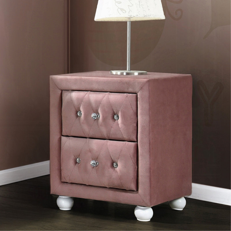 Table de chevet rembourrée en tissu avec 2 tiroirs, rose