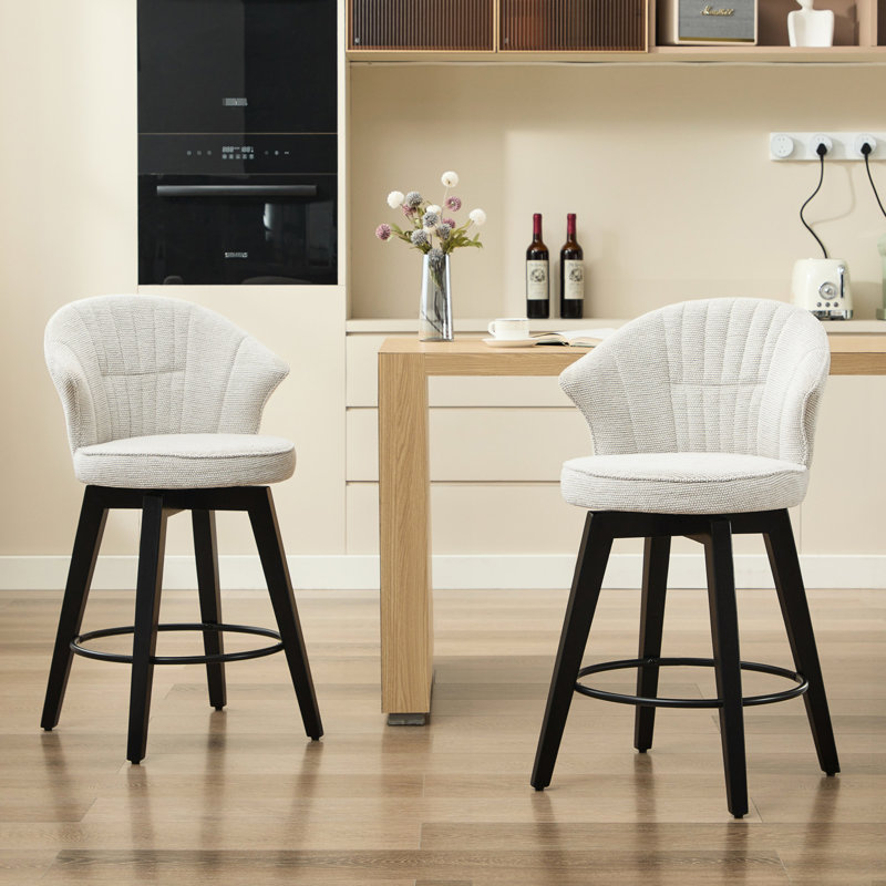 White Swivel Bar Stools Of 2 - 25" Counter Height, Solid Wood Legs, Chenille Upholstery, Leveling Feet For Kitchen Island, Home Pub, Dining Height (2) Upholstery In White, Room Modern