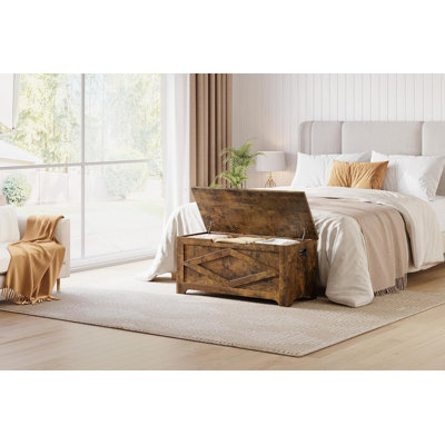 Farmhouse Wooden Storage Chest Bench with Safety Hinge for Entryway Bedroom Living Room