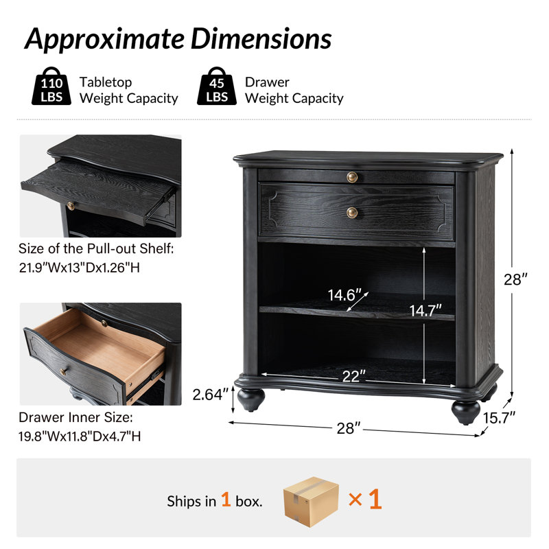 Elfine Traditional 28"W 1-Drawer Curved Front Solid End Table with Pull-out Tray, Black