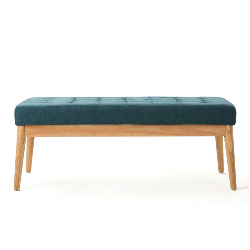 Elegant Teal Bench, Upholstered With Quality Fabric And Birch Leg Foundation Streamlined Seat Wood Frame Textured Cover