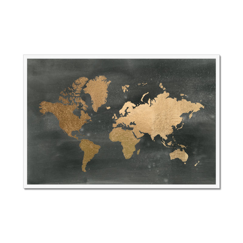 Gold World Map On Black Wash by Jennifer Goldberger - Print, 65cm H x 95cm W, White Framed Paper Print