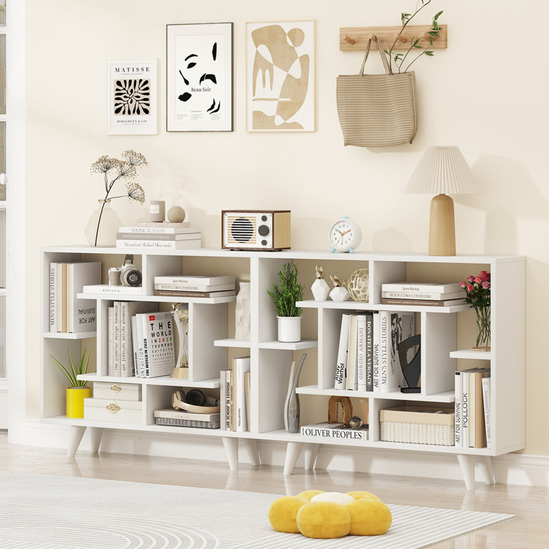 Bookshelf Geometric Bookcase w/ Anti-Tipping Kit Storage Shelving Unit, White
