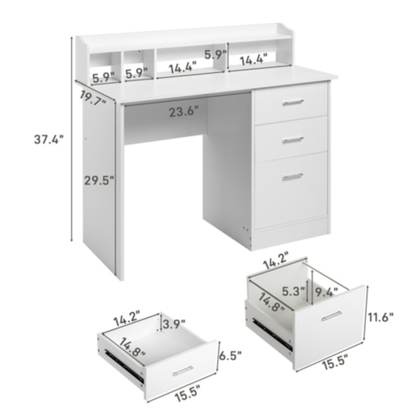 43.31in White Particle Board with Embossed Melamine Laminated Desktop Storage Layer, Three-Drawer Computer Desk, White