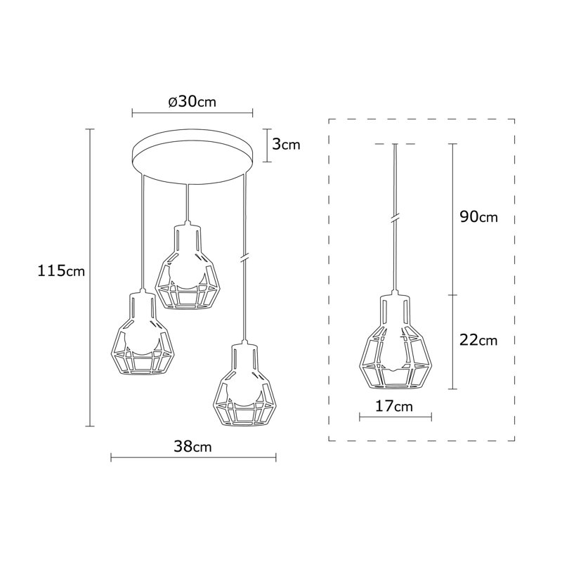 Luminaire suspendu géométrique à 3 lumières Daventry, Noir / argent