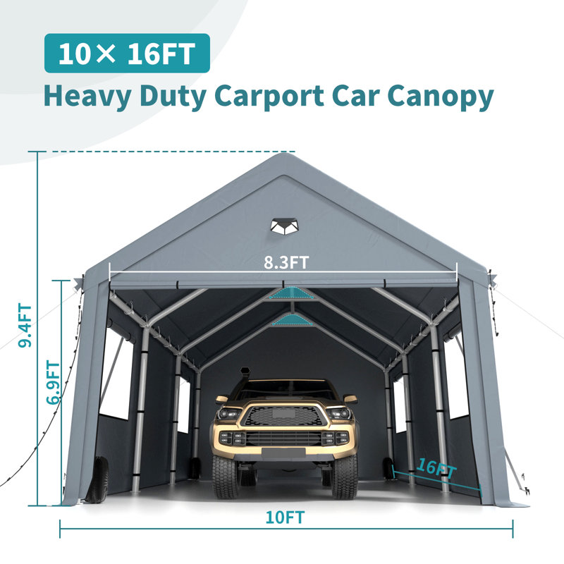 10 ft. W x 16 ft. D Heavy Duty Carport Canopy, Extra Large Portable Car Tent Garage with Roll-up Windows and All-Season Tarp Cover