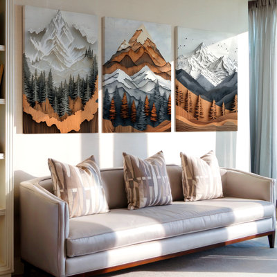 3 pièces majestueuses, paysage mural de montagne avec forêt et sommets enneigés, trois pièces d'art mural pour le salon, la chambre à coucher et le bureau