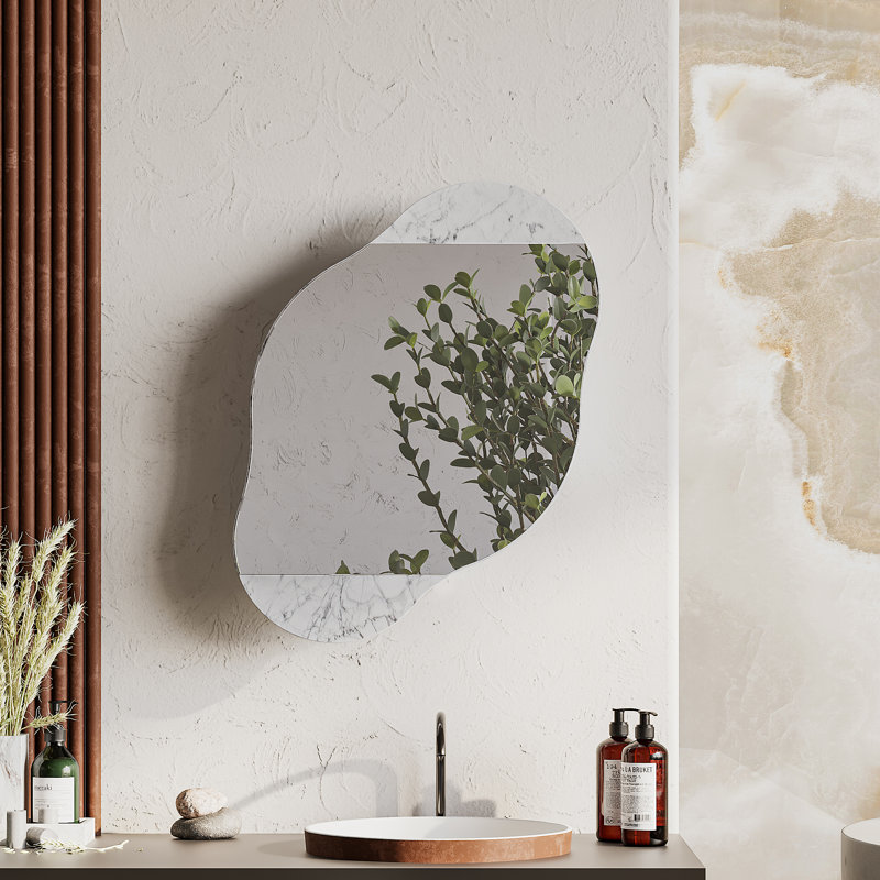 Burko Wavy Wall Mirror with Hidden Storage Shelves, White Marble