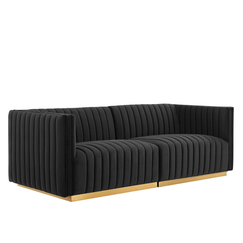 Conjure Channel Tufted Loveseat, Black Velvet, Gold
