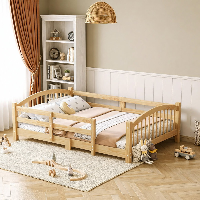 Full Montessori Platform Bed with Slats and Safety Guardrails, Solid Wood Floor Bed with Fence and Without Door, Easy Assemble Montessori Bed, Natural