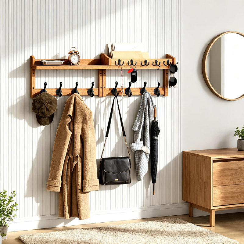 Portemanteaux mural en bois avec tablette et crochets, Light Brown