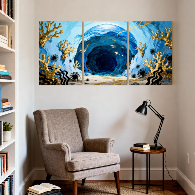 Tunnel sous-marin avec corail doré et vie marine, ensemble de 3 impressions sur toile, H 30 po x l 60 po