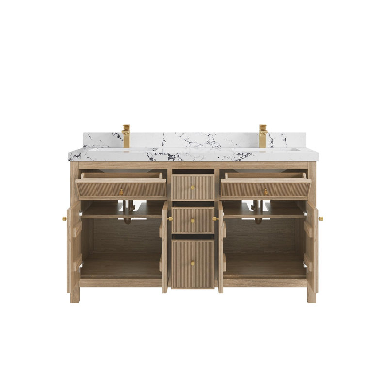 60'' Light Graywashed Teak Double Bathroom Vanity with Quartz Top