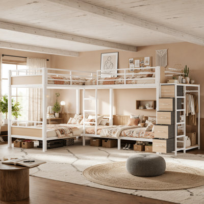 Quad Twin Metal Bunk Bed with Storage Drawers, 4 Twin Bed Frame with Built-in Wardrobe and Open Shelves, Metal Bed with Non-Woven Fabric Drawers, White