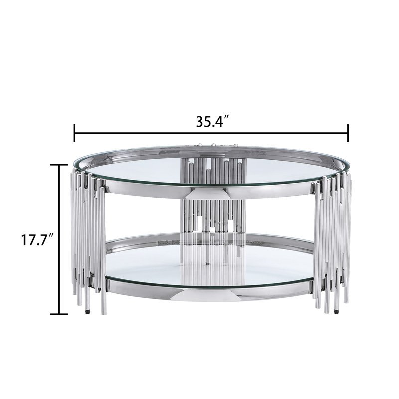 Bordeaux 35.43" Two-Layer Mirror Glass Top Single Coffee Table, Clear Top/Silver Base