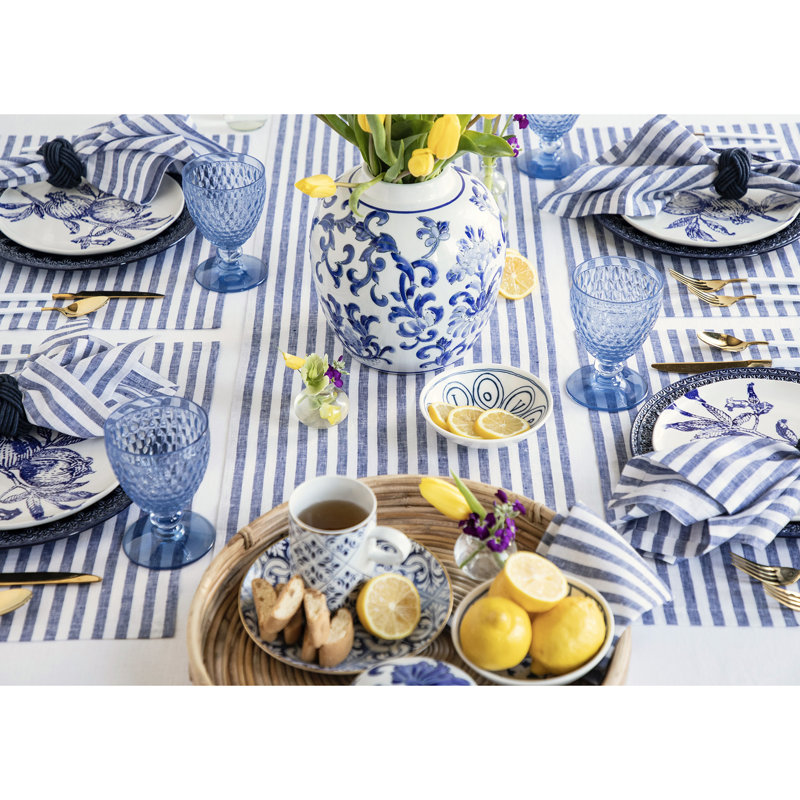 Amalfi Stripe - 100% Pure Linen Table Runner, Navy/White, 120" x 16"