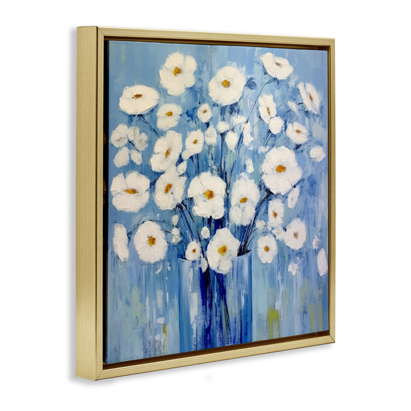  "Bold Blooms on Blue Gold", art mural sur toile flottante par Irena Orlov, H 25 po x l 25 po, Cadre flottant métallique doré