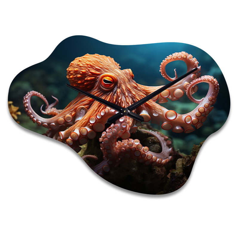 Coral Octopus Serene submersion II - horloge murale asymétrique en métal corail, impression d'horloge moderne en nuage, Grand