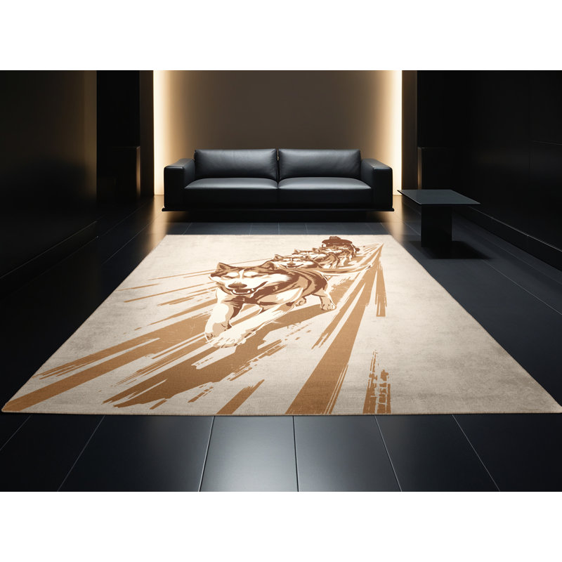 Machine Washable Vehicles And Transportation Dog Sled Team Rustic Rug in Beige – Beige Binding, 2x3