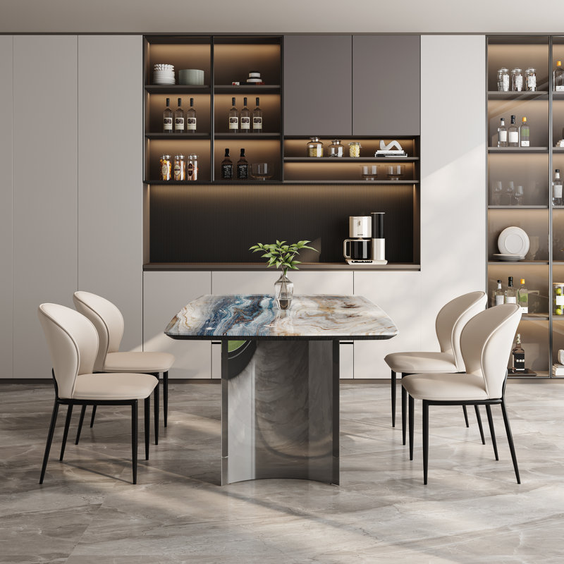 5-Piece Modern Dining Table Set, 63" Rectangular Faux Marble Top Dining Table With 4 Upholstered Chairs, Contemporary Kitchen Dining Room Set