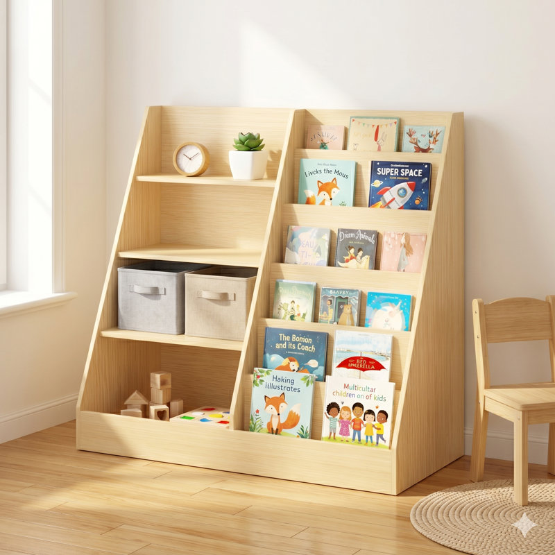 Bibliothèque pour tout-petits à 4 niveaux avec casiers de rangement, bibliothèque en bois pour chambre de bébé, Naturel