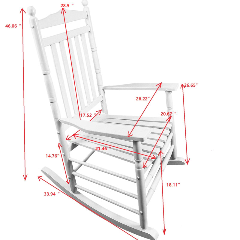 Fauteuil à bascule blanc pour balcon ou véranda, pour adultes. Construction en bois massif, assise et accoudoirs larges et confortables, dossier à lattes robuste, montage facile, supporte jusqu'à 127 kg (280 lbs). Spacieux et stable.