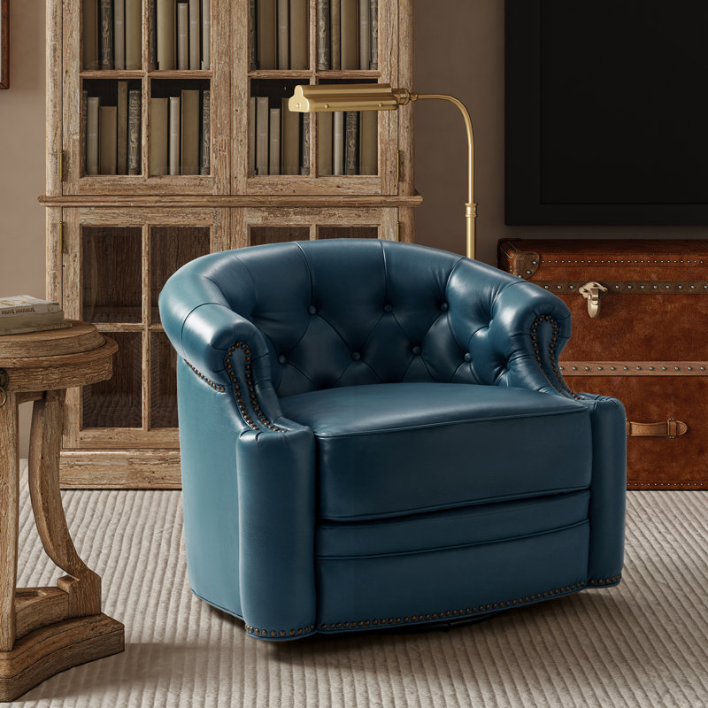 Toiya 31.5" Wide Genuine Leather Swivel Chair, Turquoise
