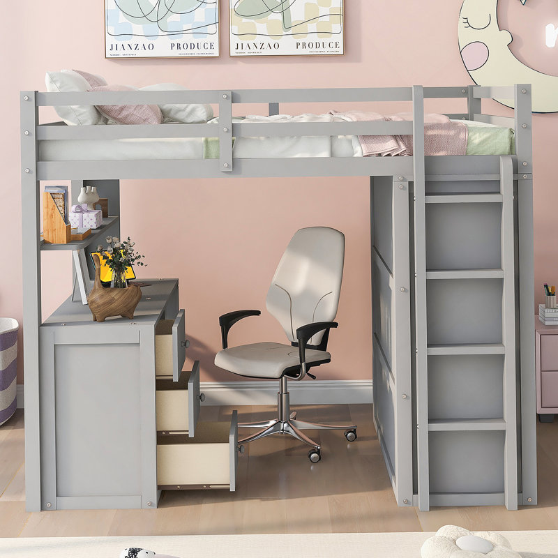 Lit mezzanine avec tiroirs, bureau et garde-robe, Gris