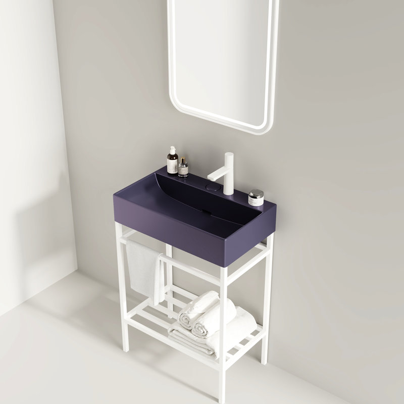 Meuble-lavabo 24 po avec lavabo en céramique - lavabo rectangulaire mauve, console autoportante, blanc, scandinave moderne, tablette en fer robuste, assemblage non robuste et armoire de placard
