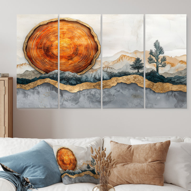 Paysage doré doré avec cactus et glissade sur bois - art mural désert - ensemble de décorations murales, H 28 po x l 48 po, 4