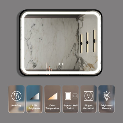 Miroir de meuble-lavabo de salle de bain 40x32 pouces avec lumière élevée, cadre en métal noir, tactile à intensité variable, contrôle de l'interrupteur mural, anti-buée, CRI 95 réglable 3000K-4500K-6000K, IP54 imperméable à l'eau