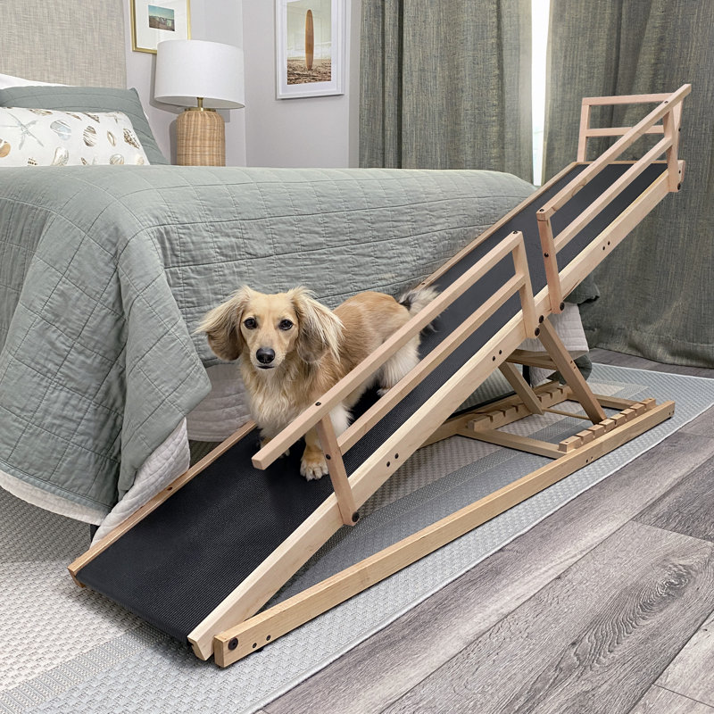 Rampe d'accès pour lit pour petits chiens en bois d'érable massif, avec barres latérales et revêtement antidérapant – Fabriquée au Canada