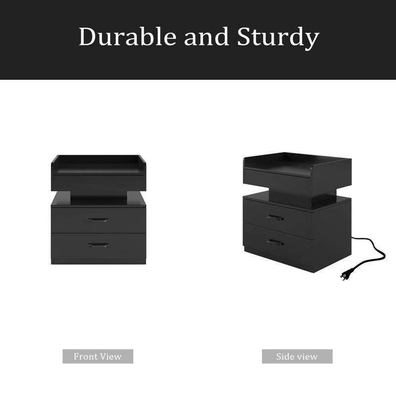1 Set Nightstand With Adjustable LED Strip Light, 2-Drawers, Large Storage Space, Suitable For Bedside Table, Coffee Table, Sofa Side Table Or End Table For Study Desk