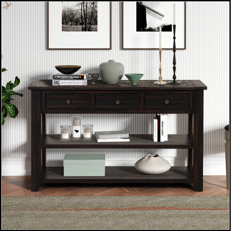 Console en bois de pin massif 48 po, table d'appoint moderne avec 3 tiroirs de rangement et 2 tablettes, facile à assembler