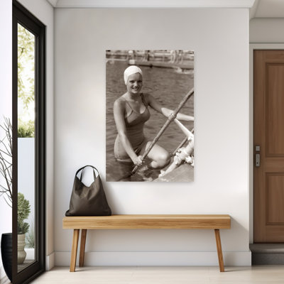 1930S Smiling Young Woman Wearing One Piece Bathing Suit & Cap Climbing Out Of Pool Looking At Camera On Vacation In Florida Usa Contemporary Wall Art
