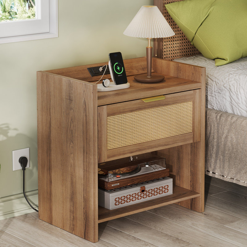 Rattan Nightstands Set Of 2, Night Stand Sets With Charging Station, Boho Bed Side Table With Storage Drawer And Open Shelf, End Tables Bedroom