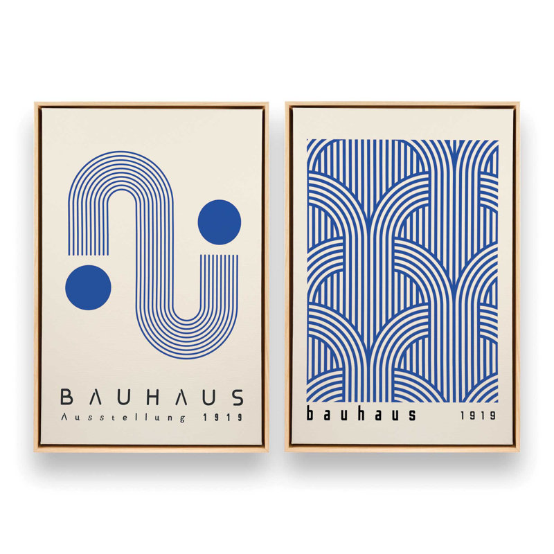 Blue Bauhaus Duo Set of 2 Wrapped Canvas, 36" x 24", Cadre flottant, Chrome poli, H 19 po x l 26 po